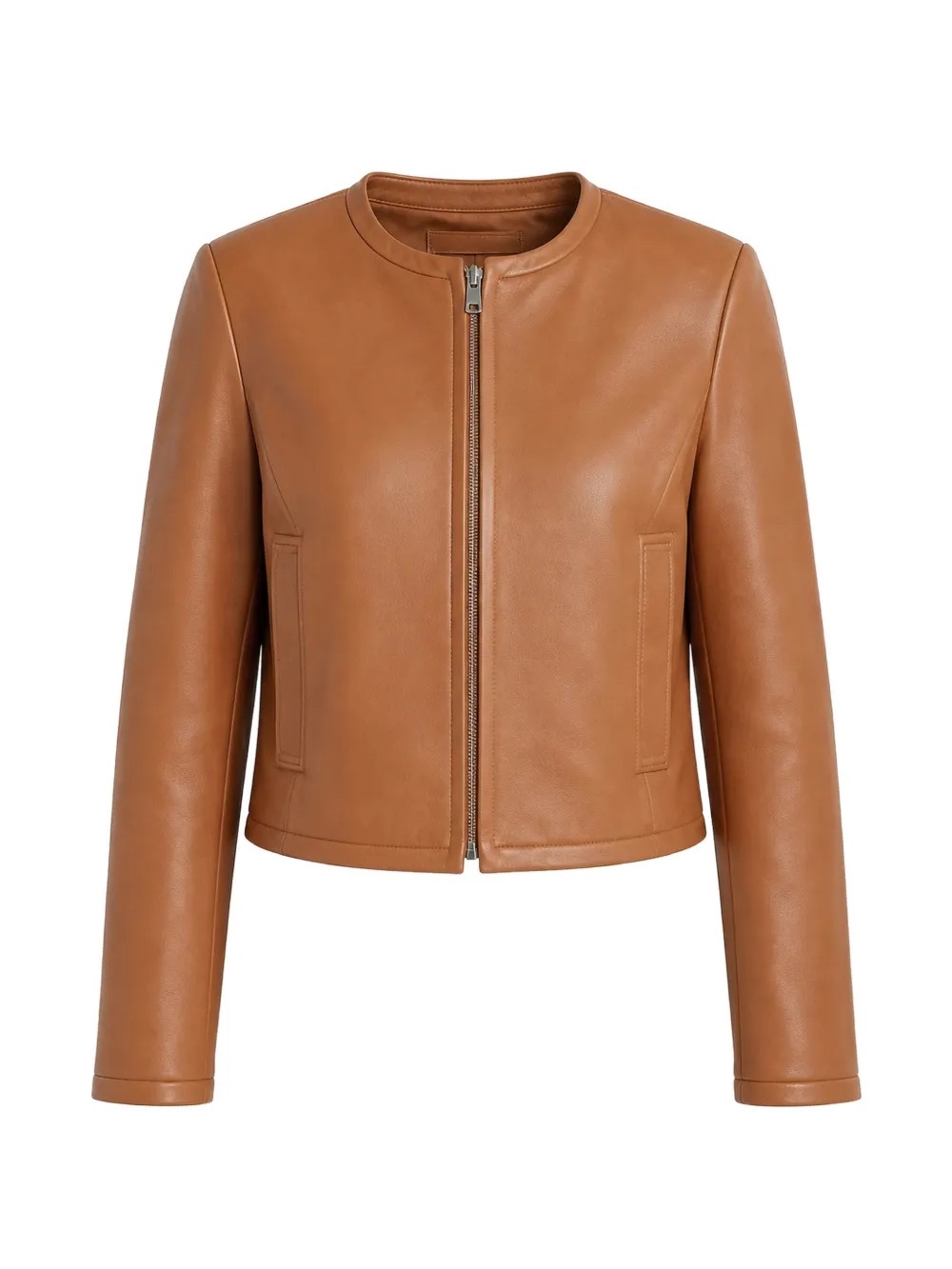 Theory Cropped Camel Leather Zip Jacket